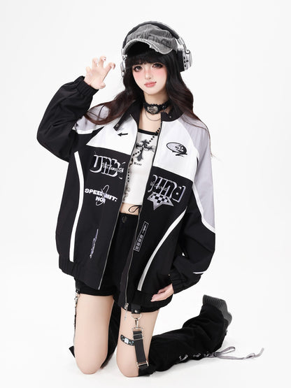 Crazy Girl Lightweight Contrast Color Stand Collar Zipper Loose Fit Women&