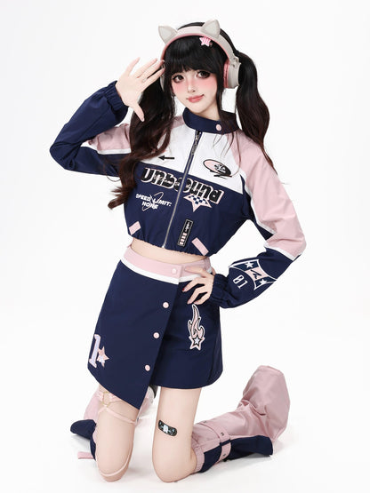 Crazy Girl Lightweight Contrast Color Stand Collar Zipper Loose Fit Women&