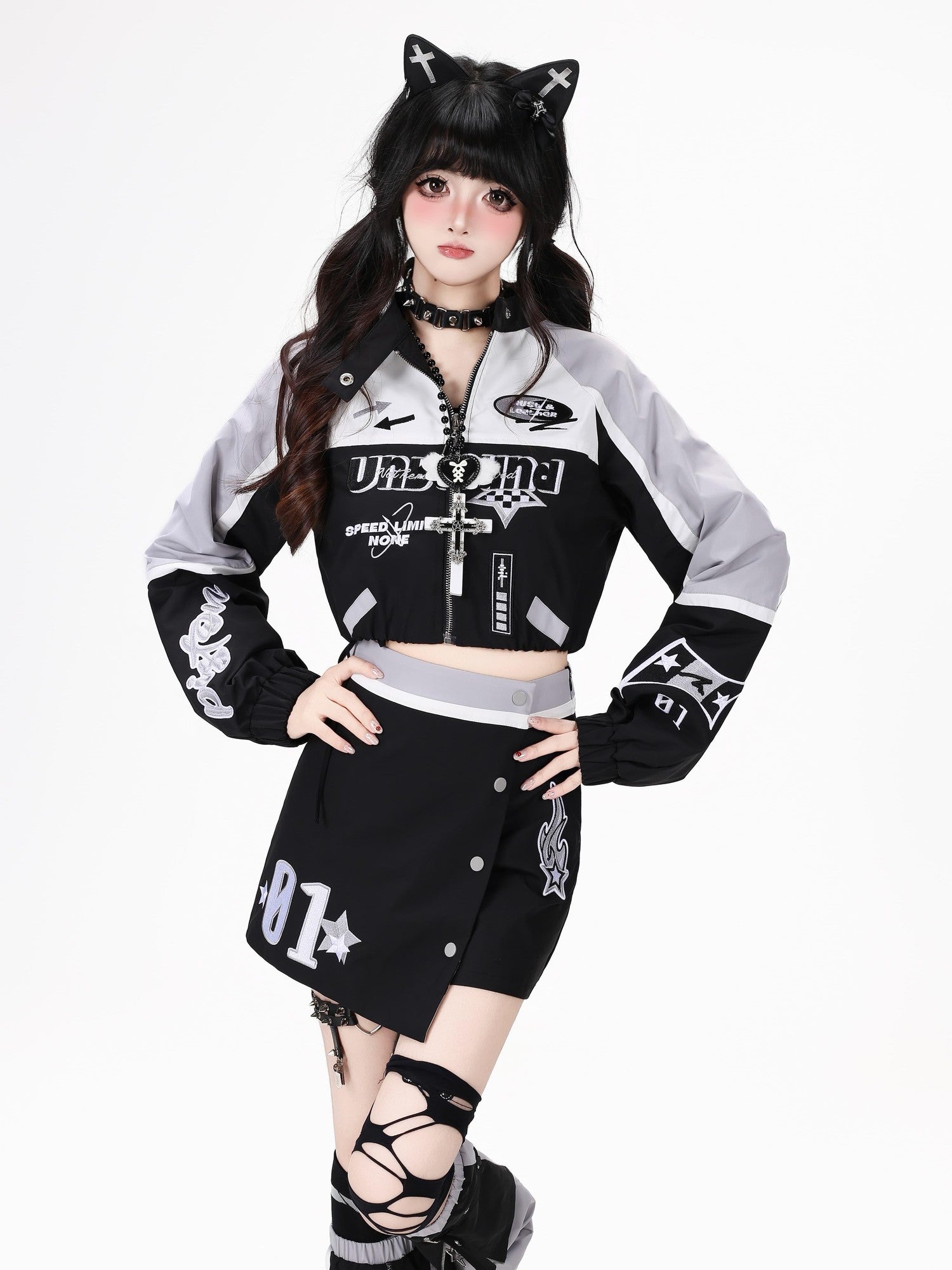 Crazy Girl Lightweight Contrast Color Stand Collar Zipper Loose Fit Women&