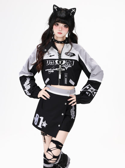 Crazy Girl Lightweight Contrast Color Stand Collar Zipper Loose Fit Women&
