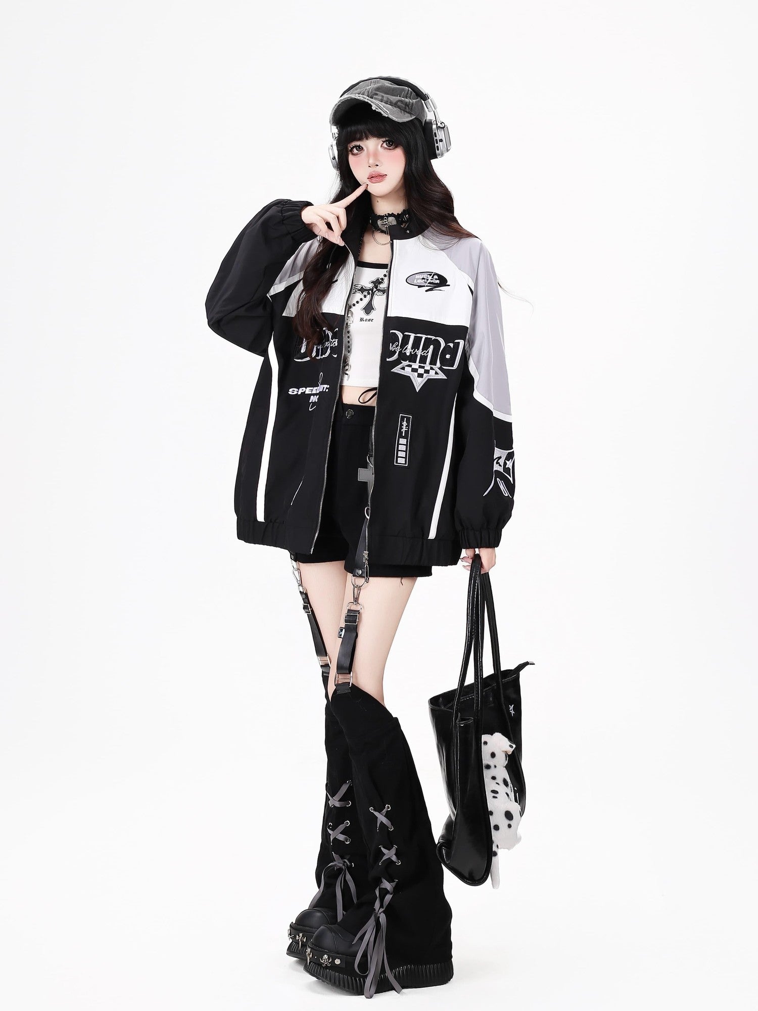 Crazy Girl Lightweight Contrast Color Stand Collar Zipper Loose Fit Women&