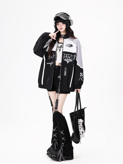 Crazy Girl Lightweight Contrast Color Stand Collar Zipper Loose Fit Women&