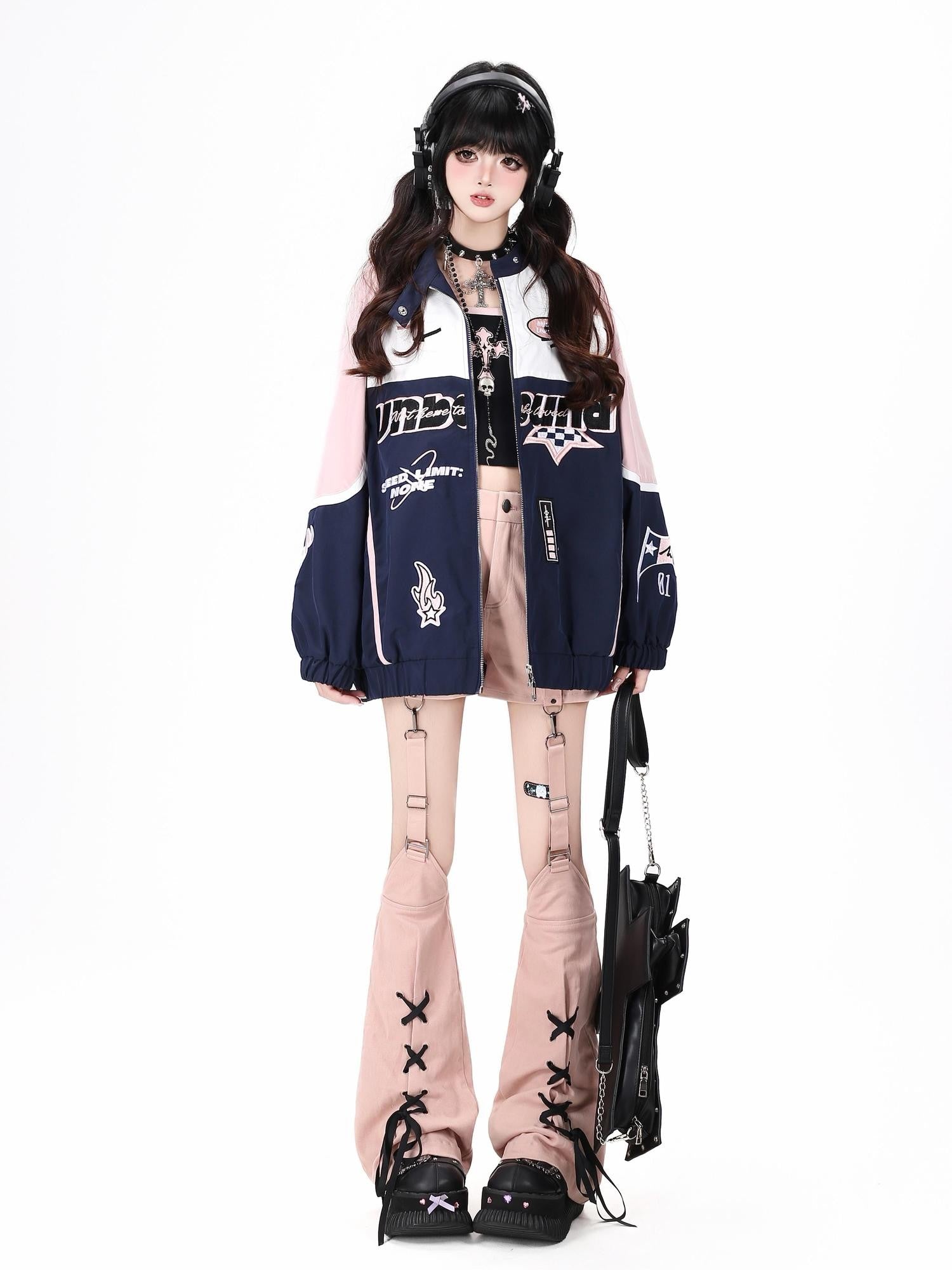 Crazy Girl Lightweight Contrast Color Stand Collar Zipper Loose Fit Women&