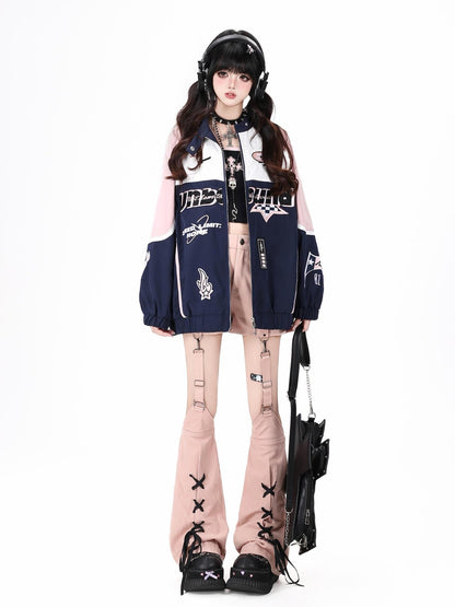 Crazy Girl Lightweight Contrast Color Stand Collar Zipper Loose Fit Women&