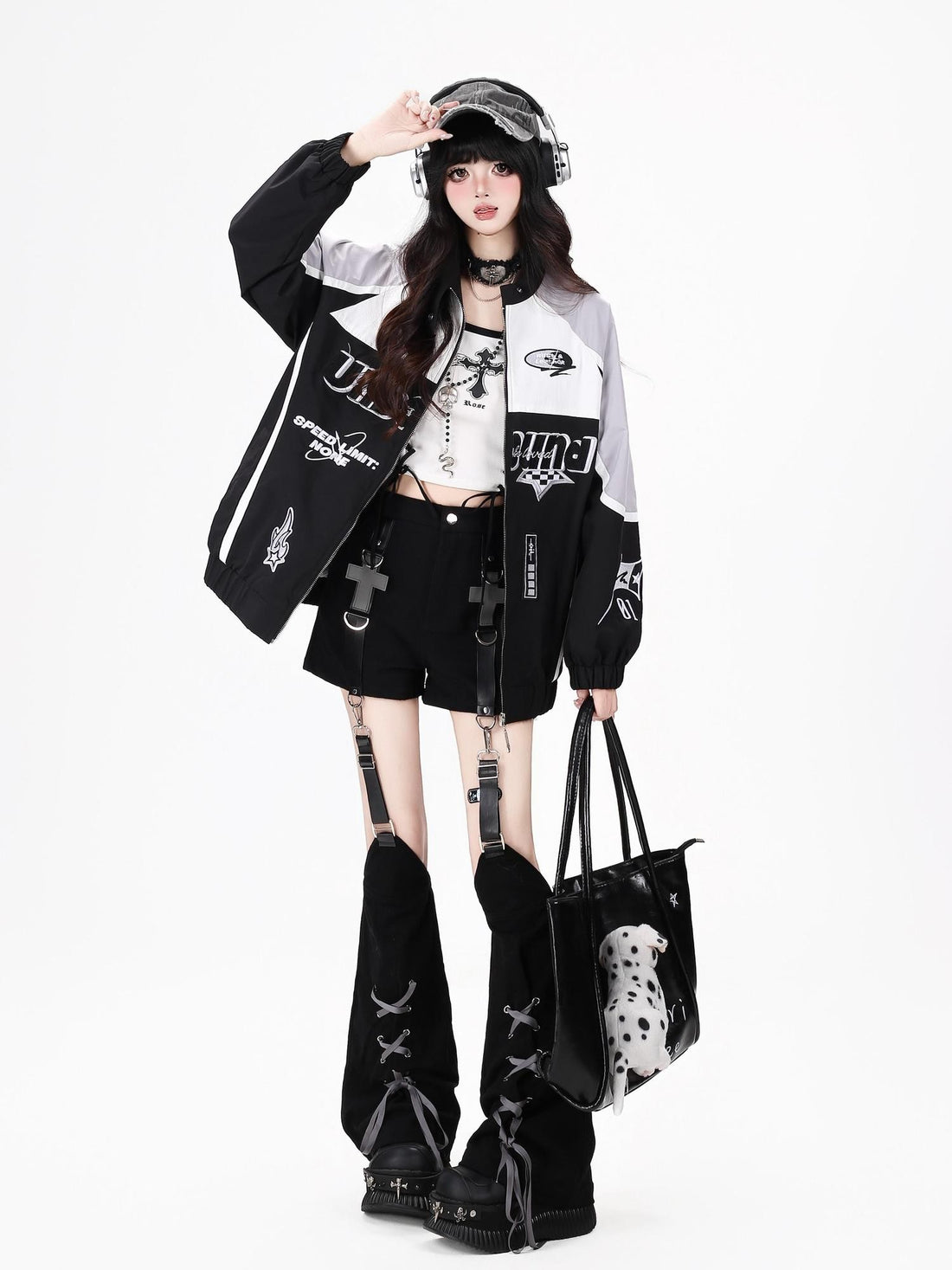 Crazy Girl Lightweight Contrast Color Stand Collar Zipper Loose Fit Women&
