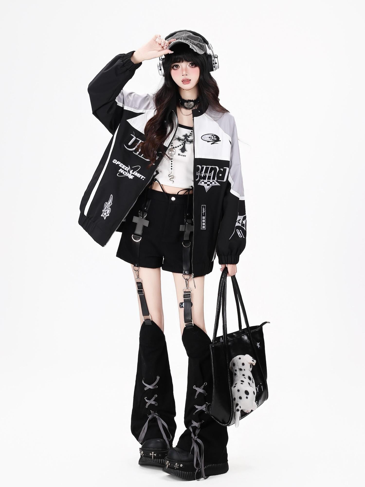 Crazy Girl Lightweight Contrast Color Stand Collar Zipper Loose Fit Women&