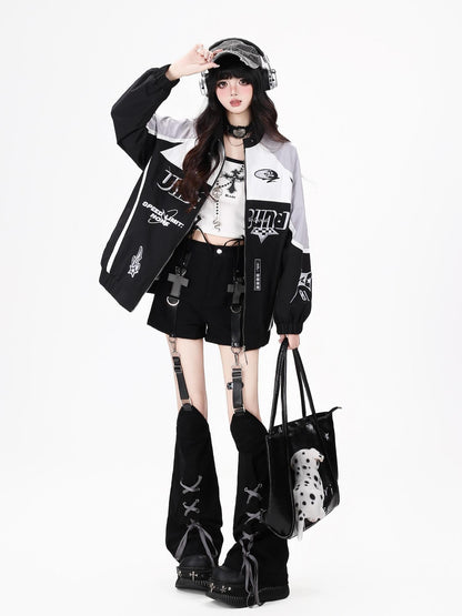 Crazy Girl Lightweight Contrast Color Stand Collar Zipper Loose Fit Women&