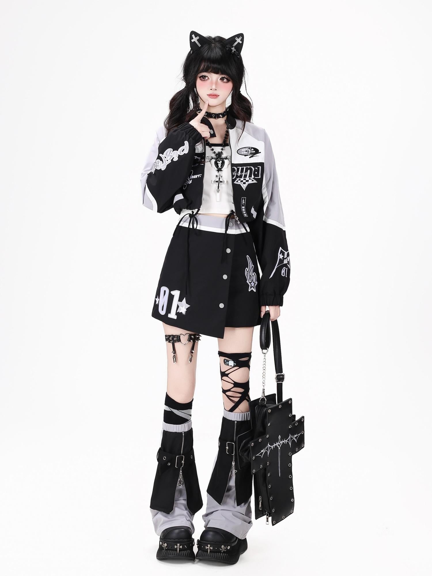 Crazy Girl Lightweight Contrast Color Stand Collar Zipper Loose Fit Women&