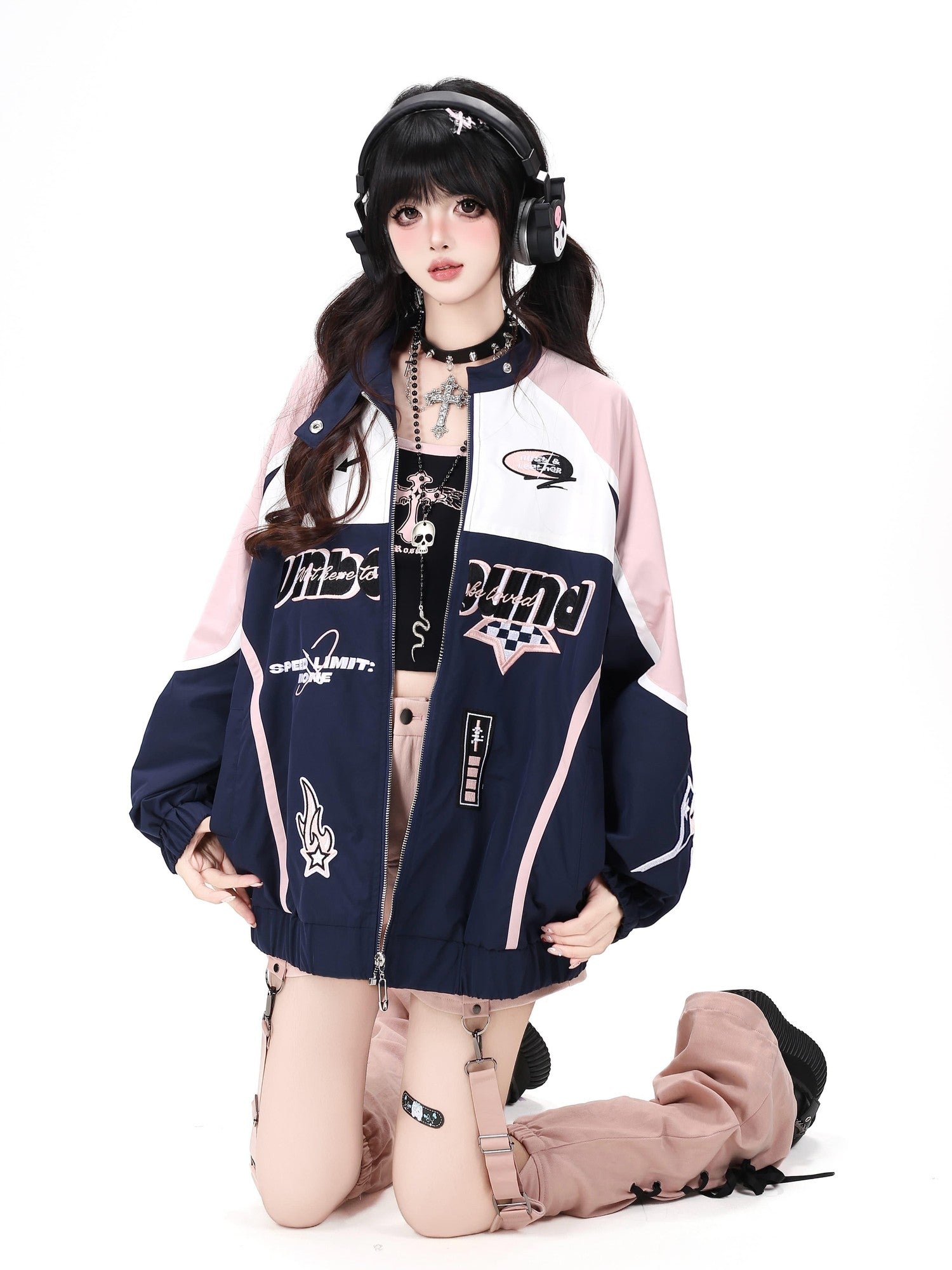Crazy Girl Lightweight Contrast Color Stand Collar Zipper Loose Fit Women&