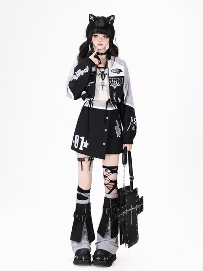 Crazy Girl Lightweight Contrast Color Stand Collar Zipper Loose Fit Women&