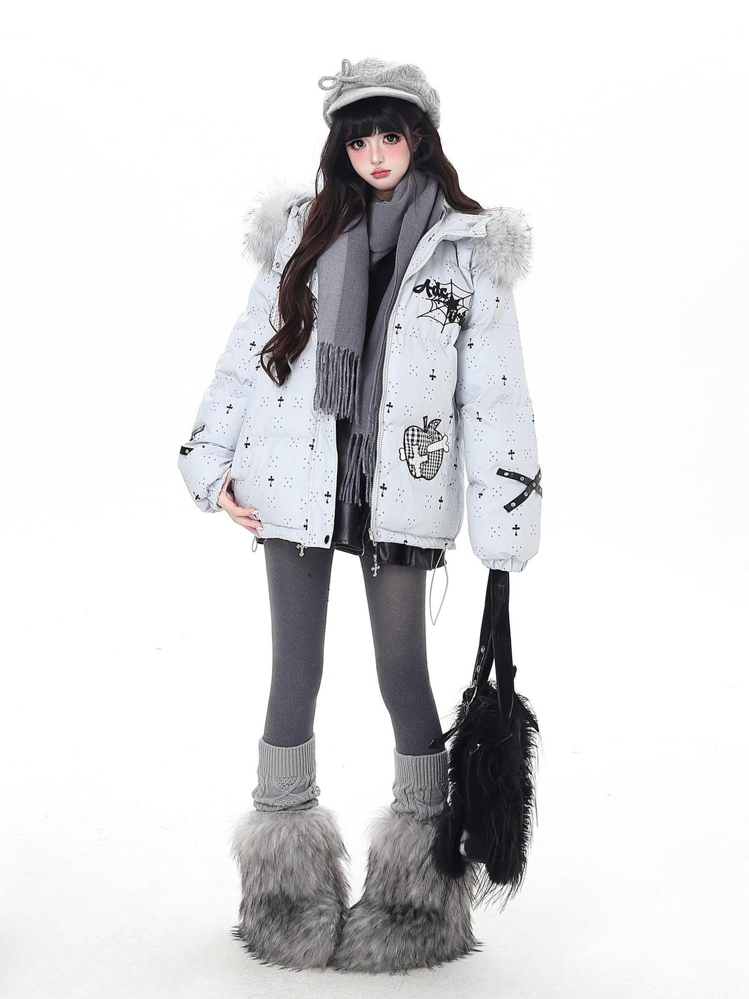 Crazy Girl Lightweight Hooded Detachable Fur Collar Loose Fit Women&