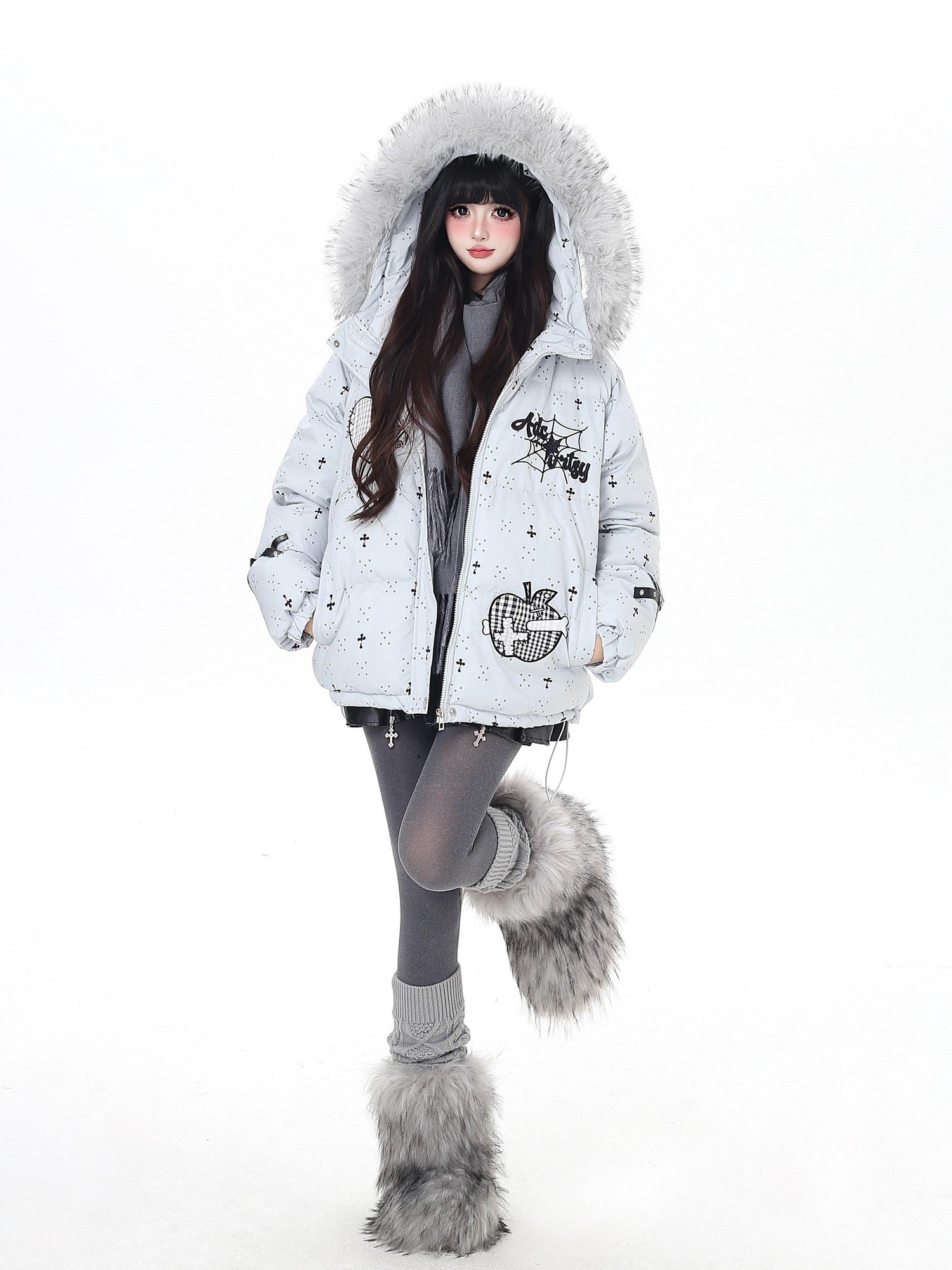 Crazy Girl Lightweight Hooded Detachable Fur Collar Loose Fit Women&