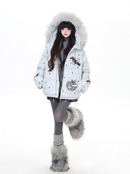 Crazy Girl Lightweight Hooded Detachable Fur Collar Loose Fit Women&