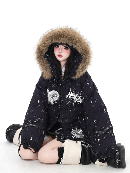 Crazy Girl Lightweight Hooded Detachable Fur Collar Loose Fit Women&