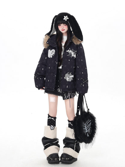 Crazy Girl Lightweight Hooded Detachable Fur Collar Loose Fit Women&
