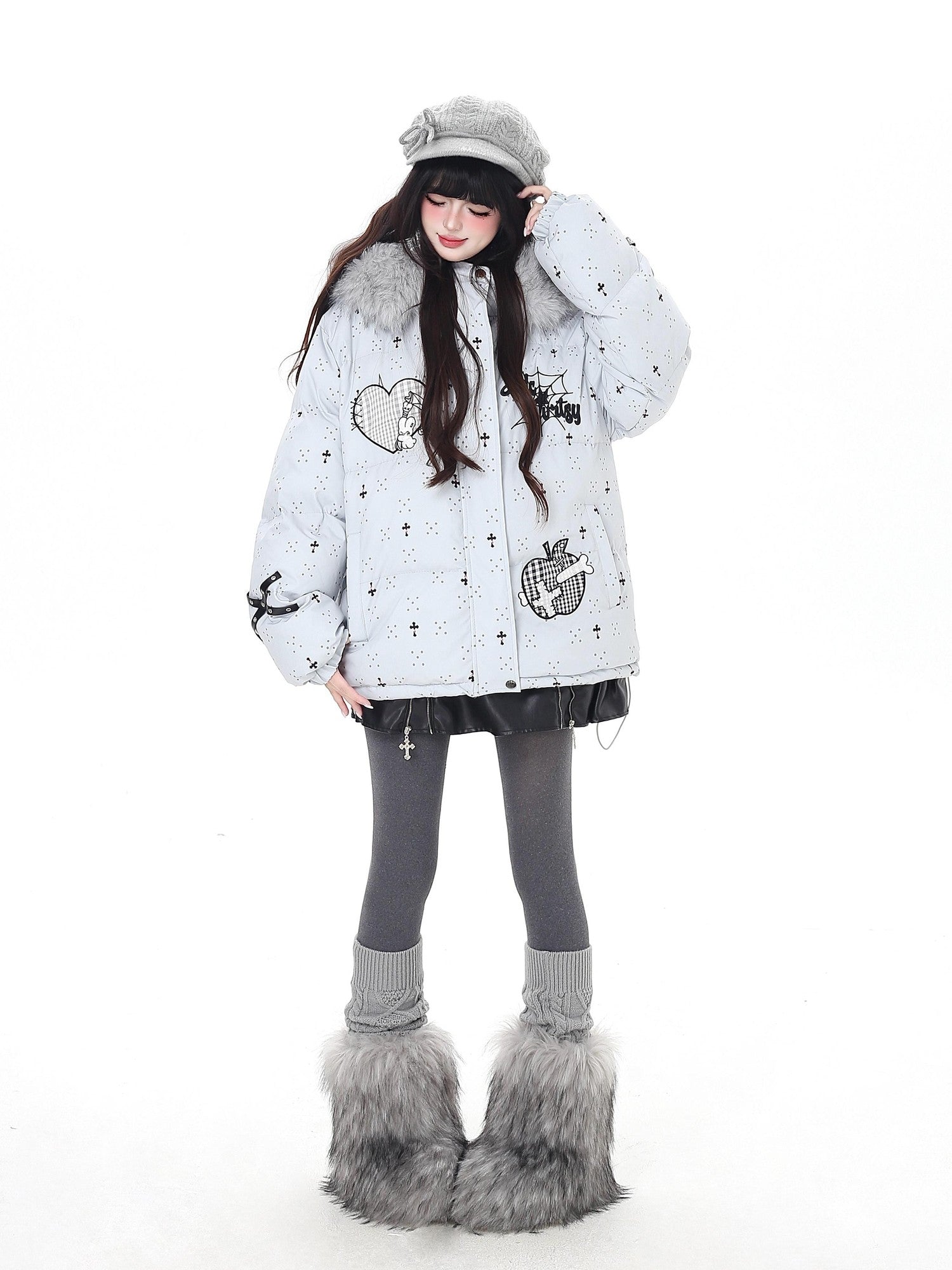Crazy Girl Lightweight Hooded Detachable Fur Collar Loose Fit Women&