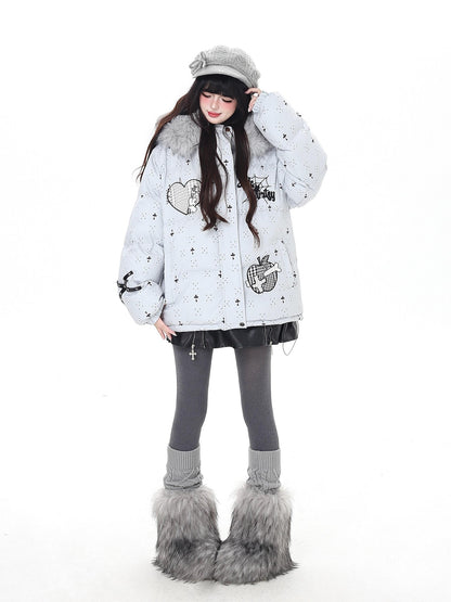 Crazy Girl Lightweight Hooded Detachable Fur Collar Loose Fit Women&