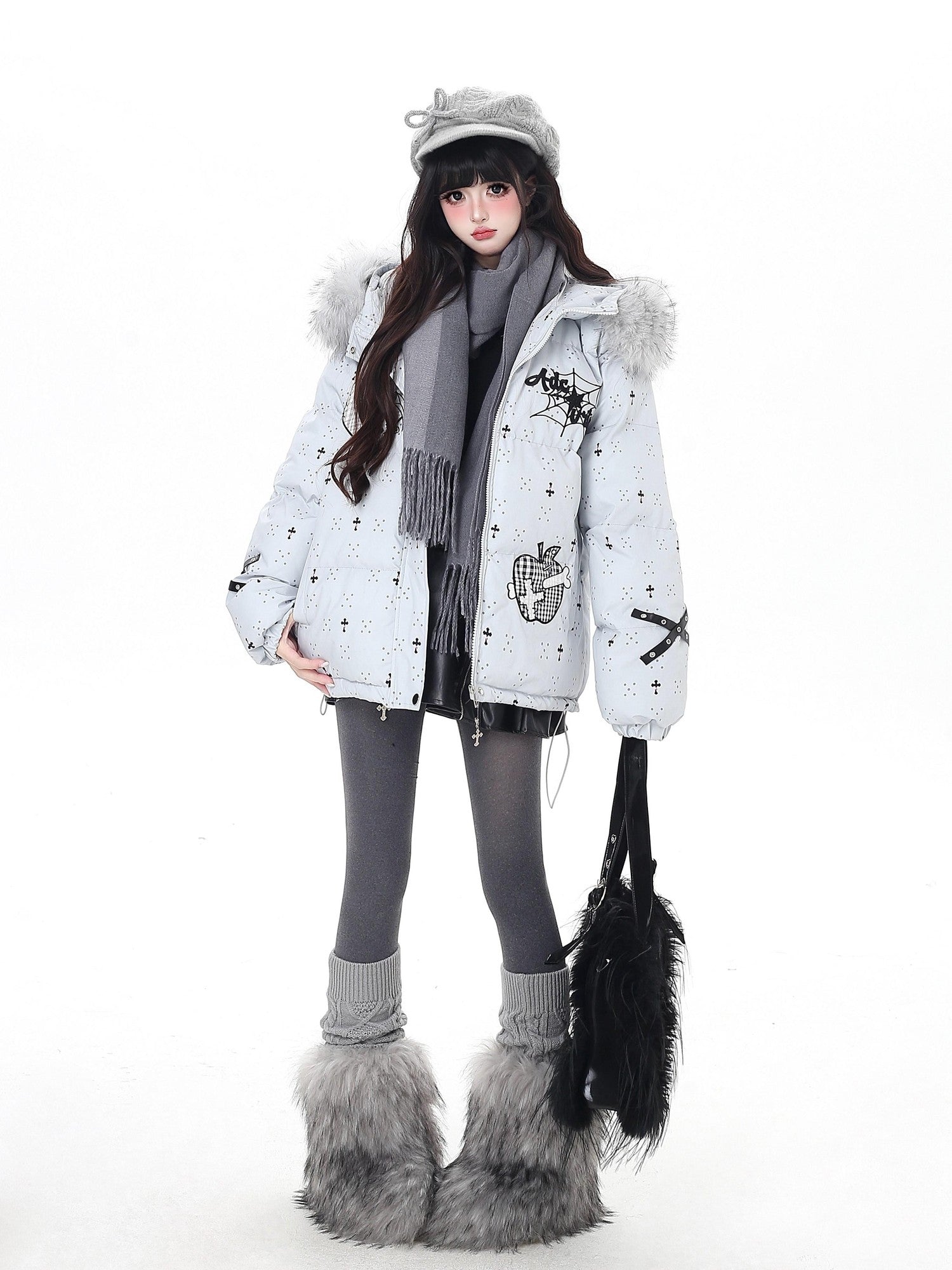Crazy Girl Lightweight Hooded Detachable Fur Collar Loose Fit Women&