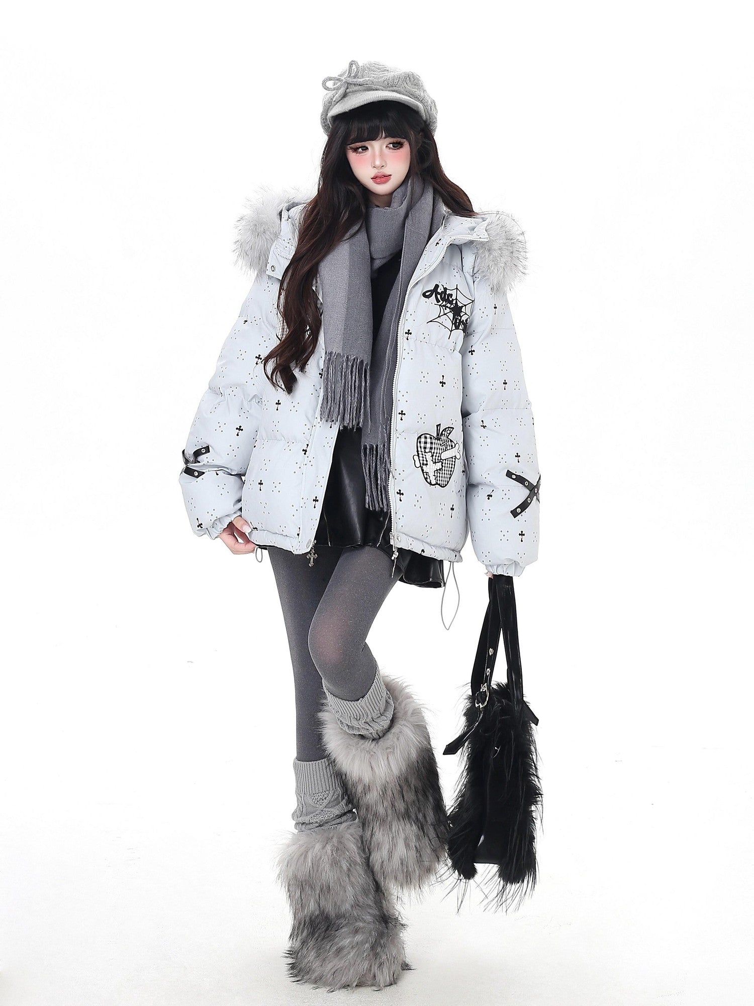 Crazy Girl Lightweight Hooded Detachable Fur Collar Loose Fit Women&