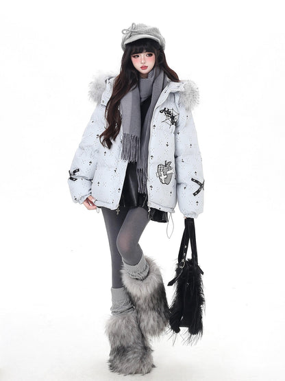 Crazy Girl Lightweight Hooded Detachable Fur Collar Loose Fit Women&