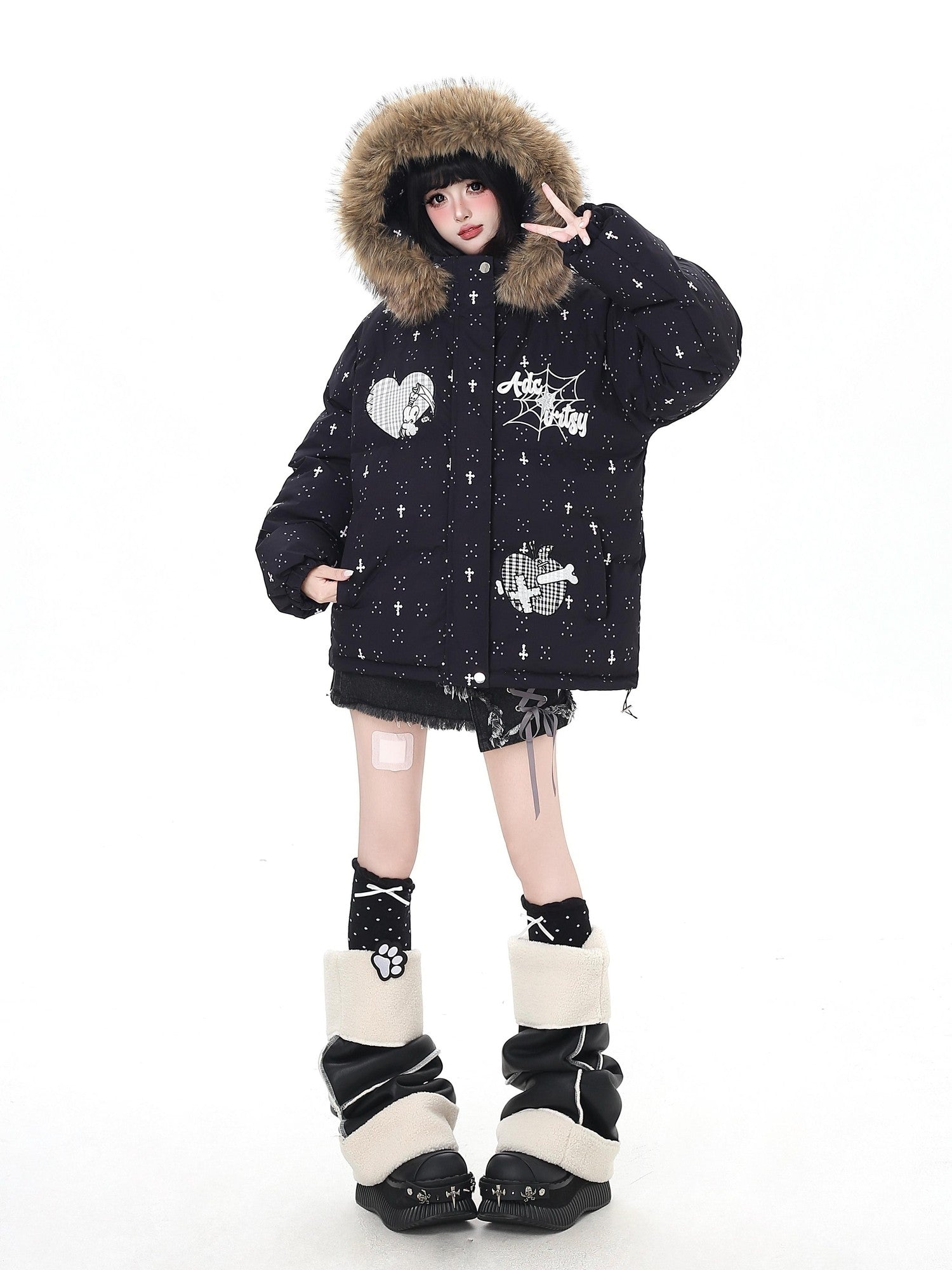 Crazy Girl Lightweight Hooded Detachable Fur Collar Loose Fit Women&