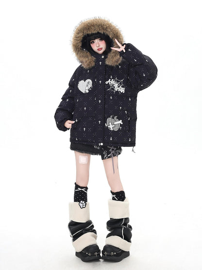 Crazy Girl Lightweight Hooded Detachable Fur Collar Loose Fit Women&