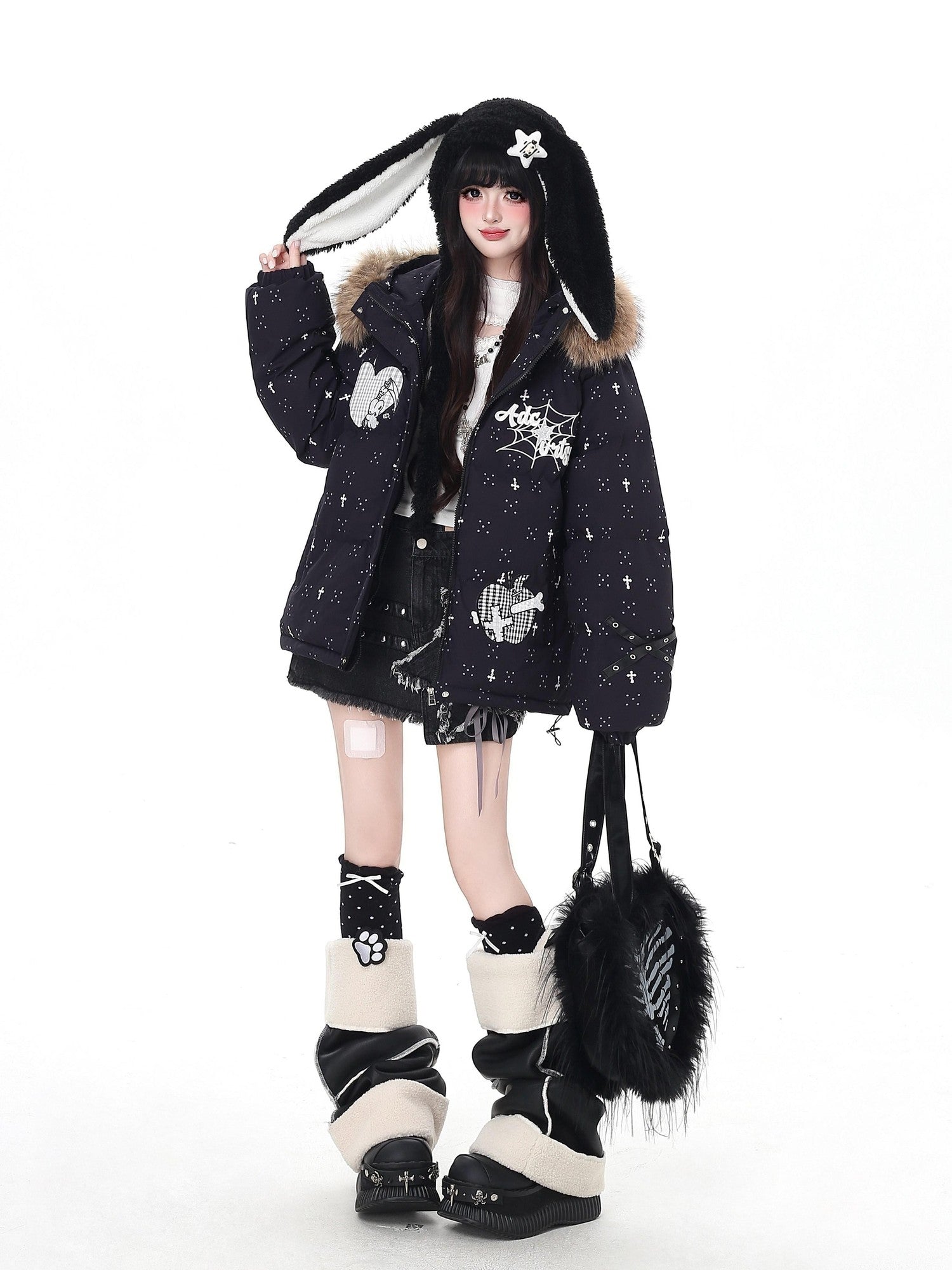 Crazy Girl Lightweight Hooded Detachable Fur Collar Loose Fit Women&