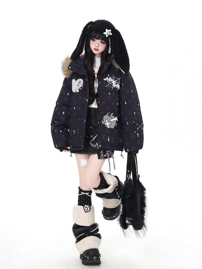Crazy Girl Lightweight Hooded Detachable Fur Collar Loose Fit Women&