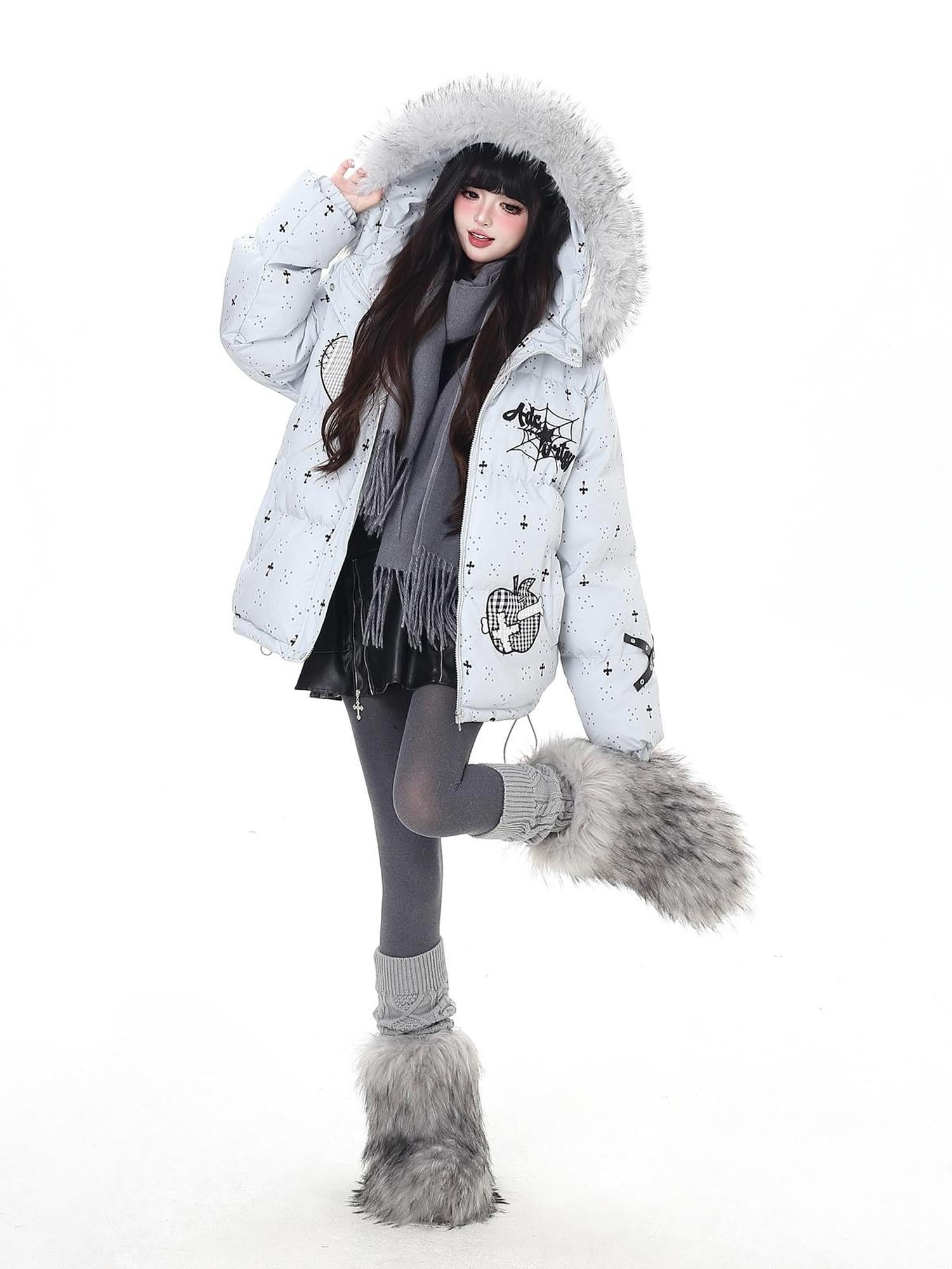 Crazy Girl Lightweight Hooded Detachable Fur Collar Loose Fit Women&