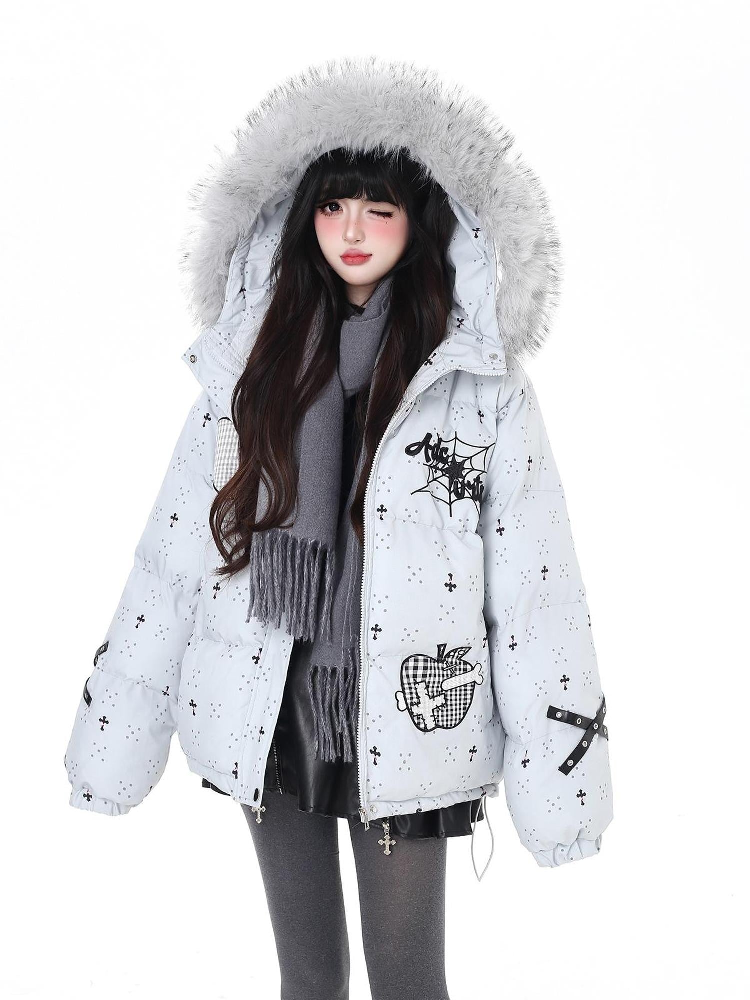 Crazy Girl Lightweight Hooded Detachable Fur Collar Loose Fit Women&
