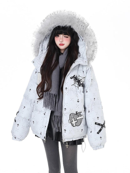 Crazy Girl Lightweight Hooded Detachable Fur Collar Loose Fit Women&