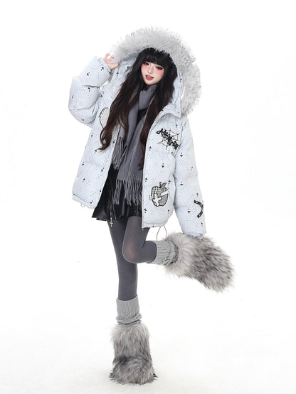 Crazy Girl Lightweight Hooded Detachable Fur Collar Loose Fit Women&