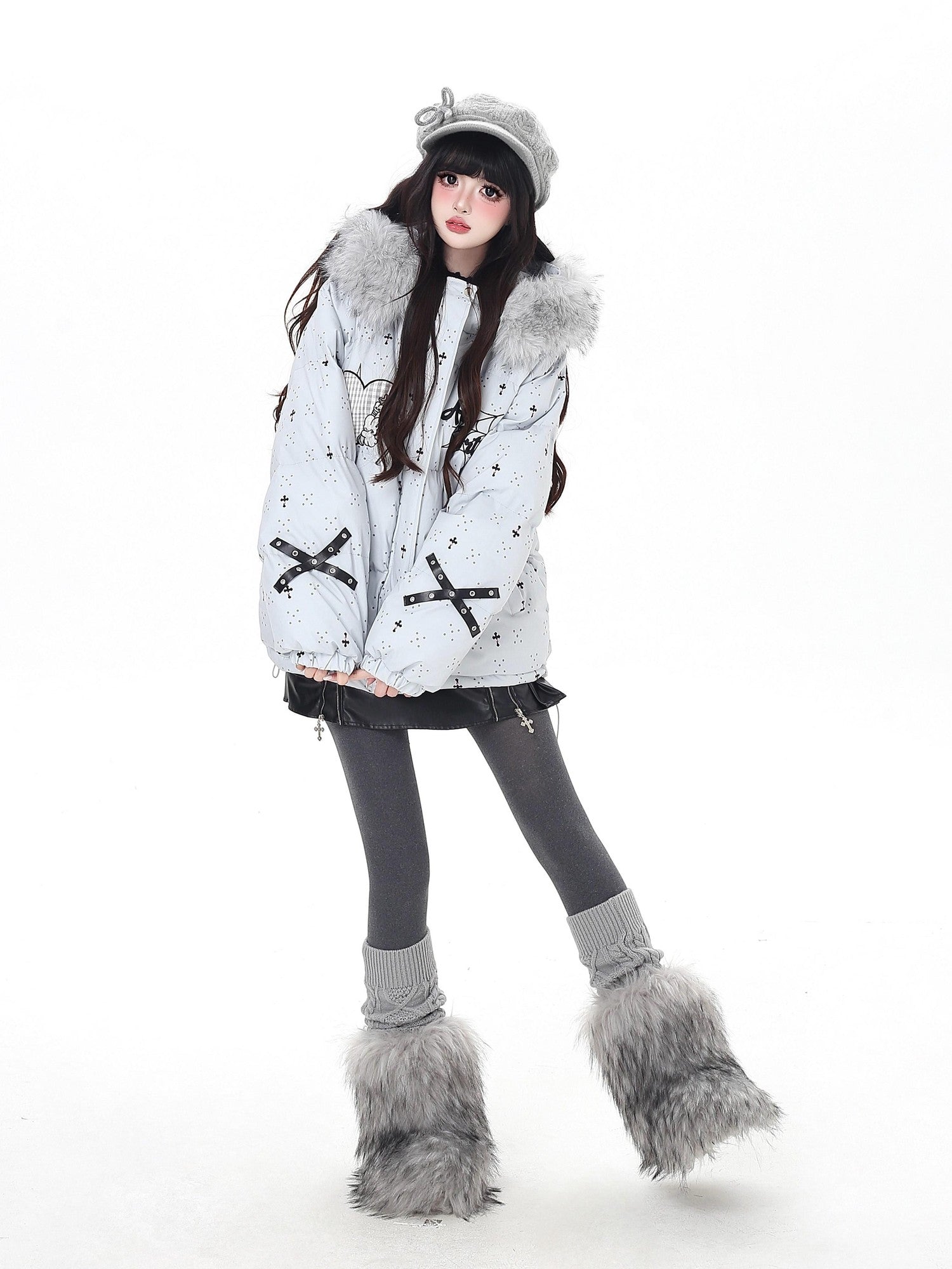 Crazy Girl Lightweight Hooded Detachable Fur Collar Loose Fit Women&