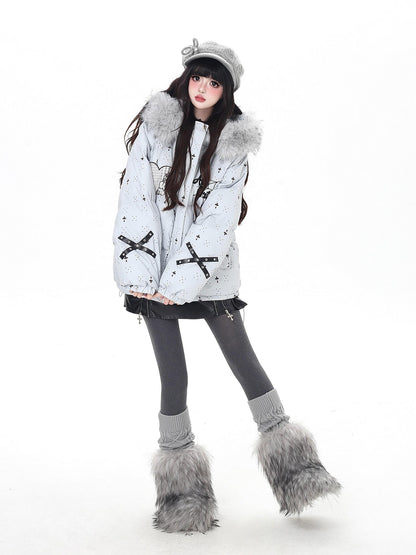 Crazy Girl Lightweight Hooded Detachable Fur Collar Loose Fit Women&