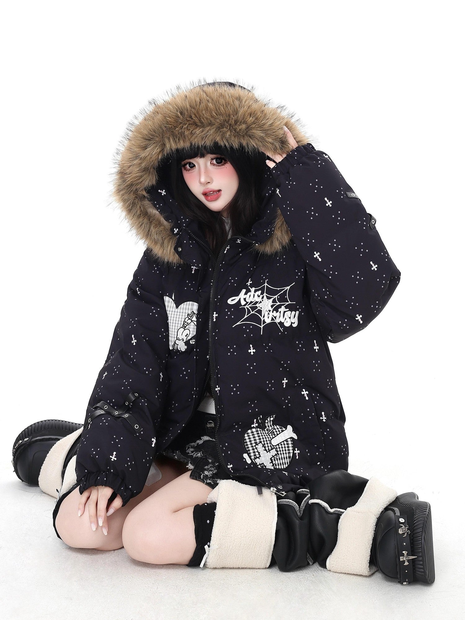 Crazy Girl Lightweight Hooded Detachable Fur Collar Loose Fit Women&
