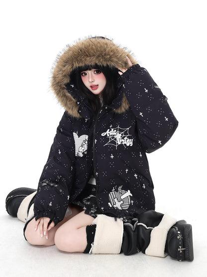 Crazy Girl Lightweight Hooded Detachable Fur Collar Loose Fit Women&