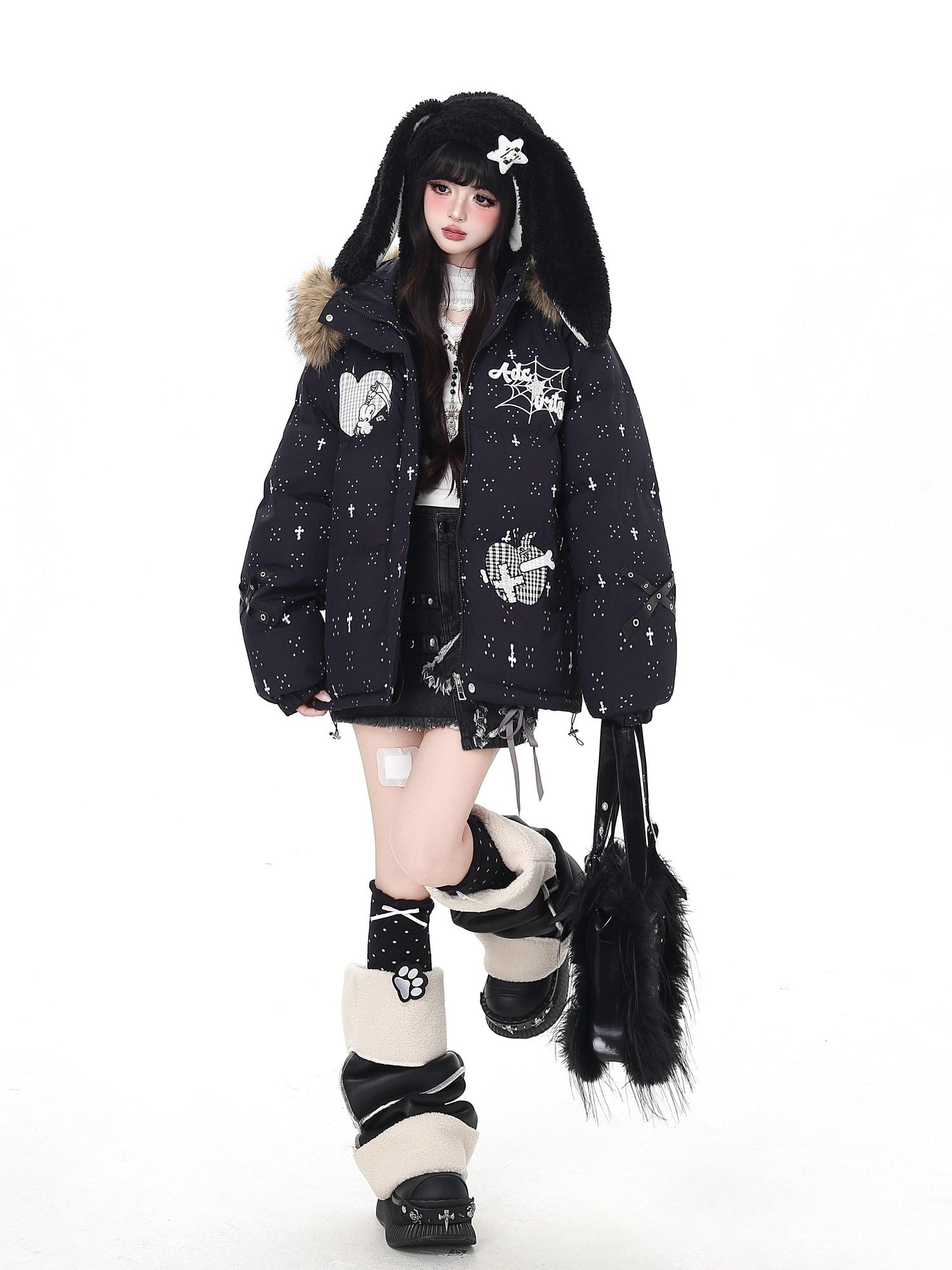 Crazy Girl Lightweight Hooded Detachable Fur Collar Loose Fit Women&