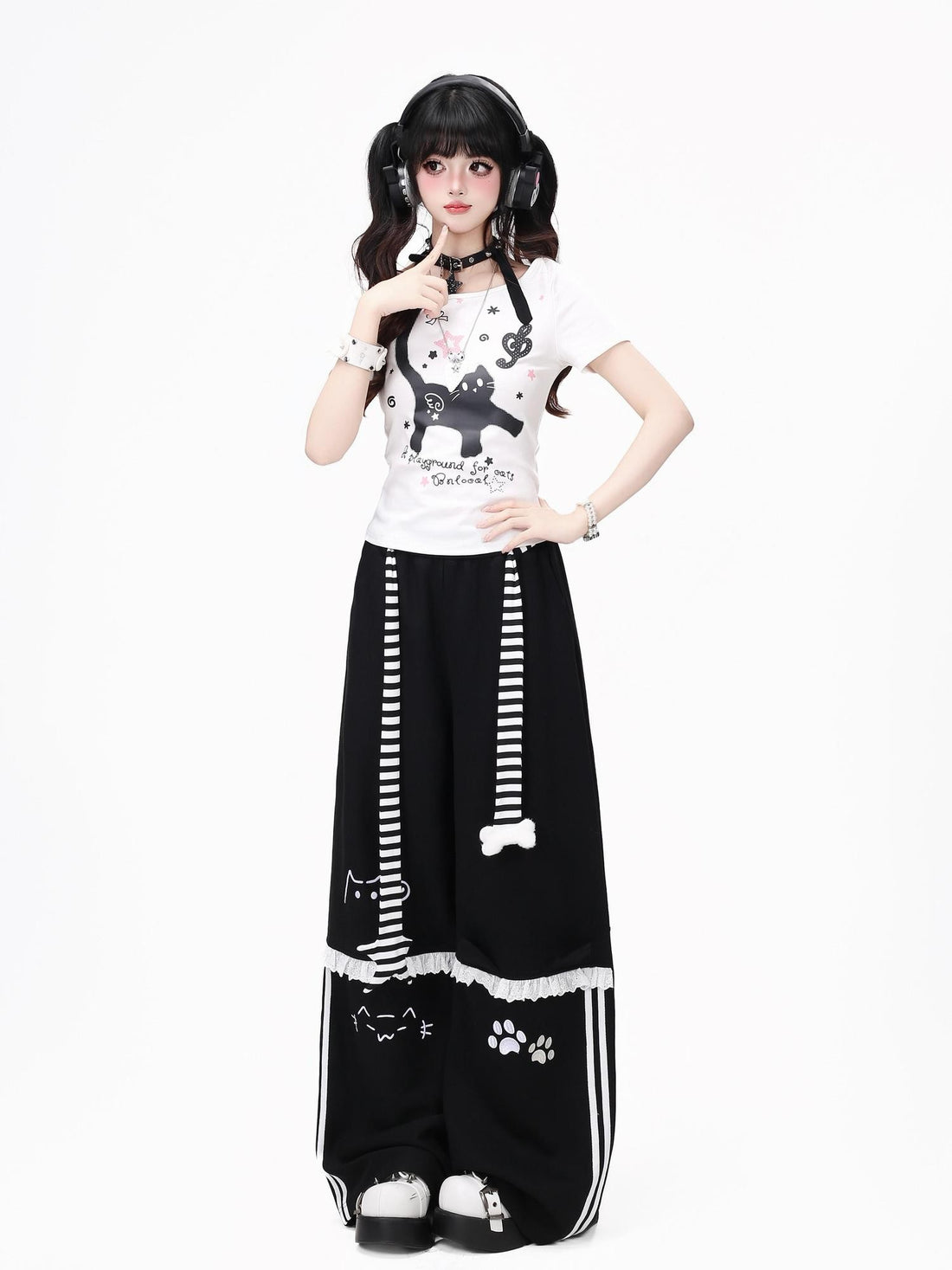 Crazy Girl Line Art Cat Polka Dot Embroidered Lace High Waist Women&