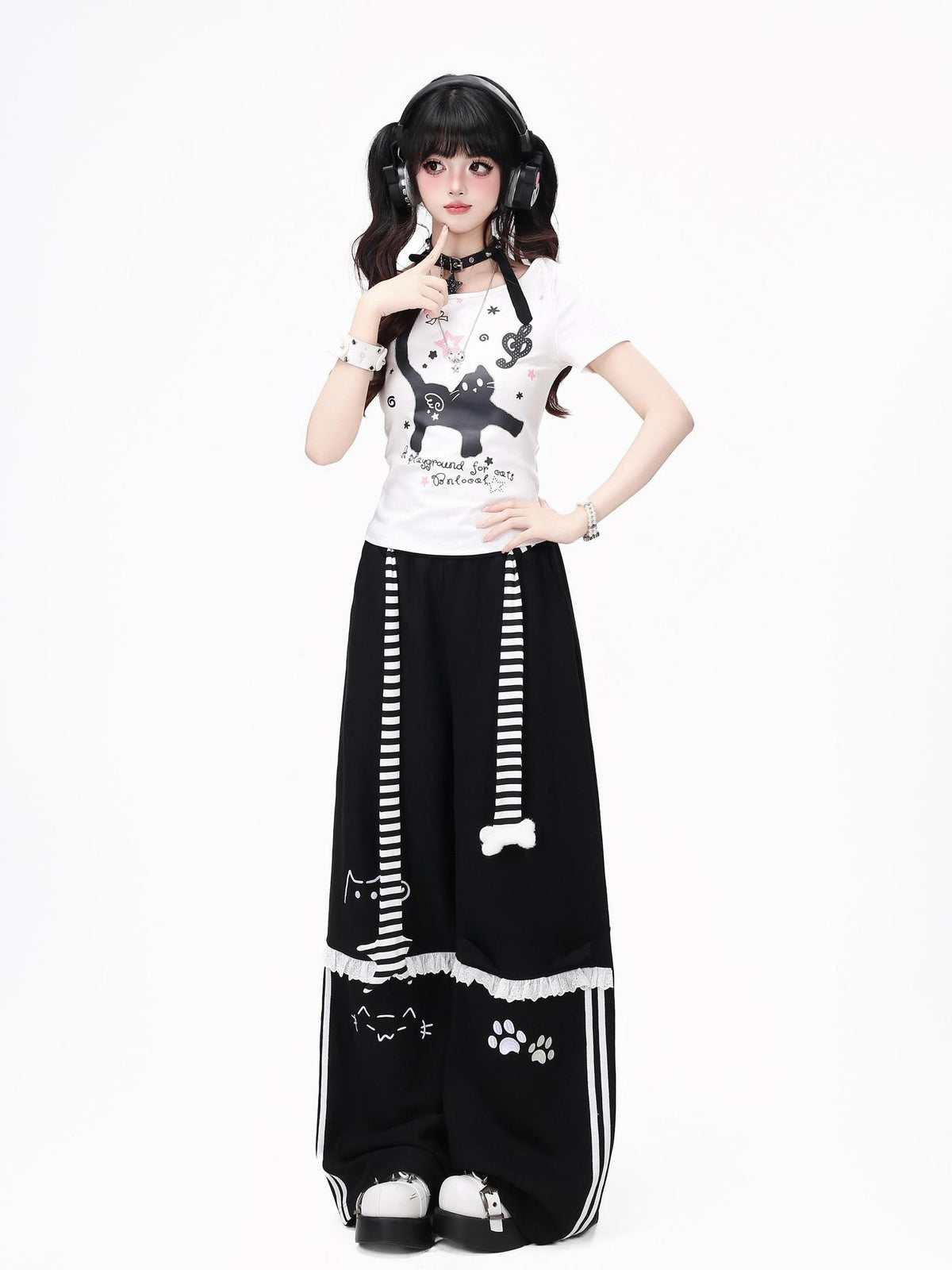 Crazy Girl Line Art Cat Polka Dot Embroidered Lace High Waist Women&