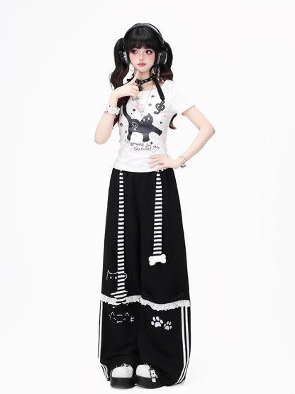 Crazy Girl Line Art Cat Polka Dot Embroidered Lace High Waist Women&