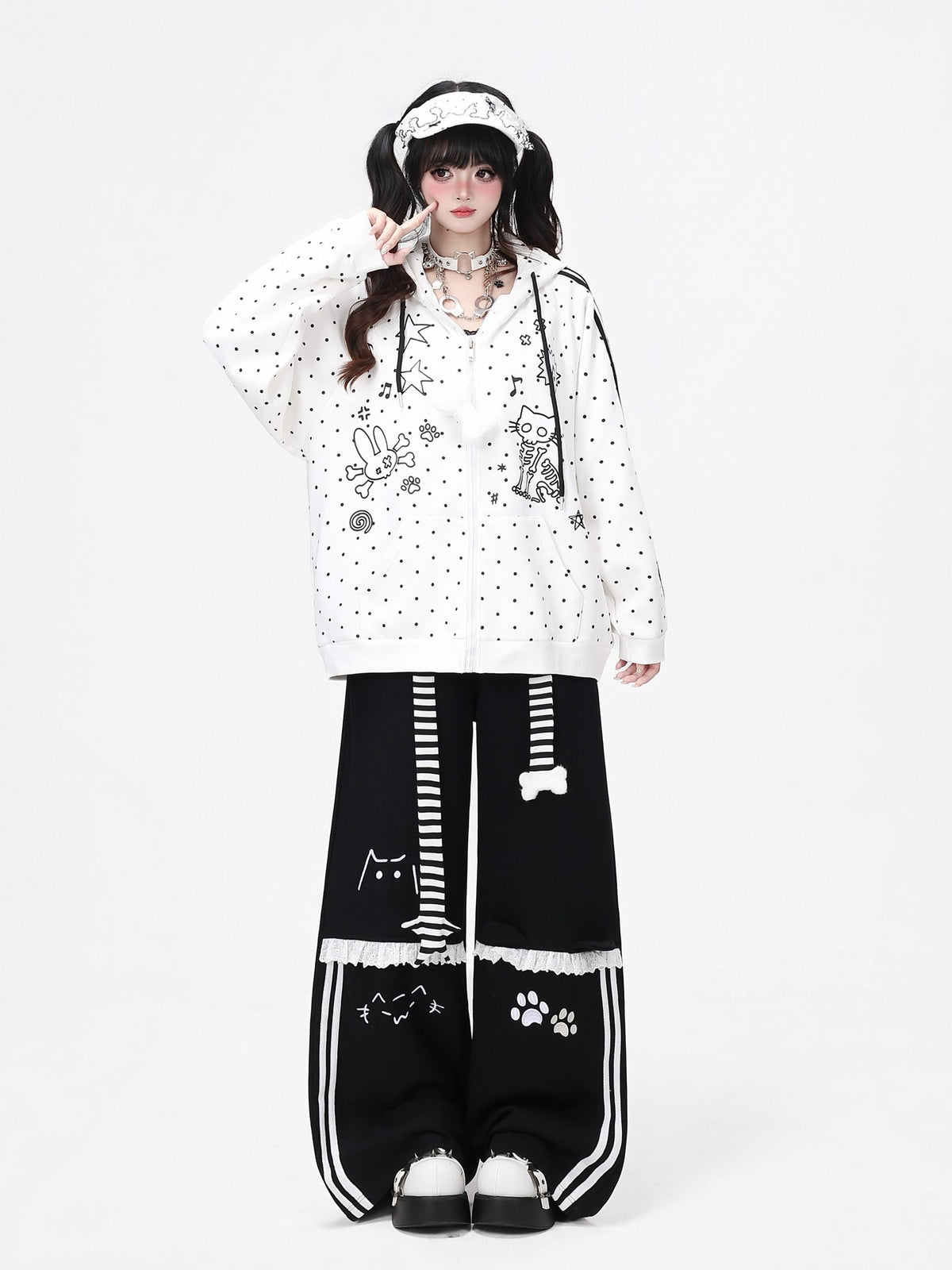 Crazy Girl Line Art Cat Polka Dot Embroidered Lace High Waist Women&