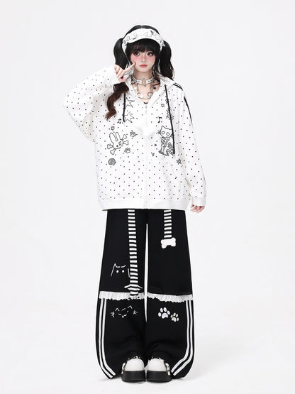 Crazy Girl Line Art Cat Polka Dot Embroidered Lace High Waist Women&