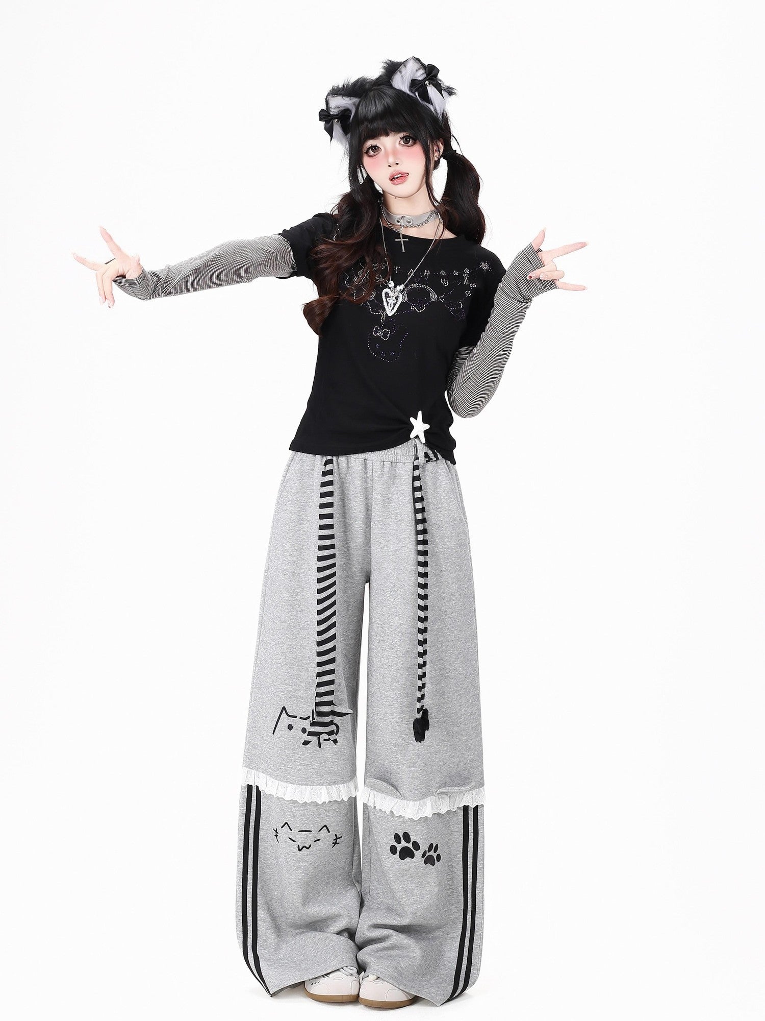 Crazy Girl Line Art Cat Polka Dot Embroidered Lace High Waist Women&