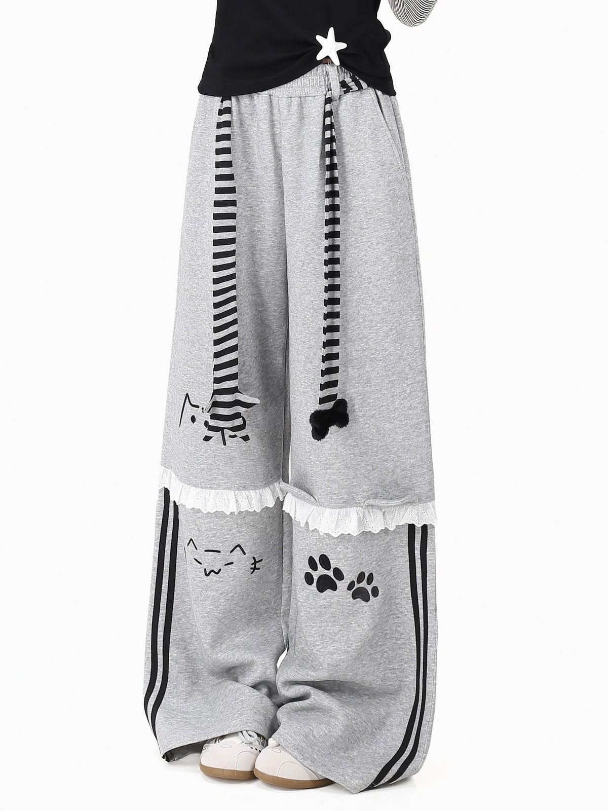 Crazy Girl Line Art Cat Polka Dot Embroidered Lace High Waist Women&
