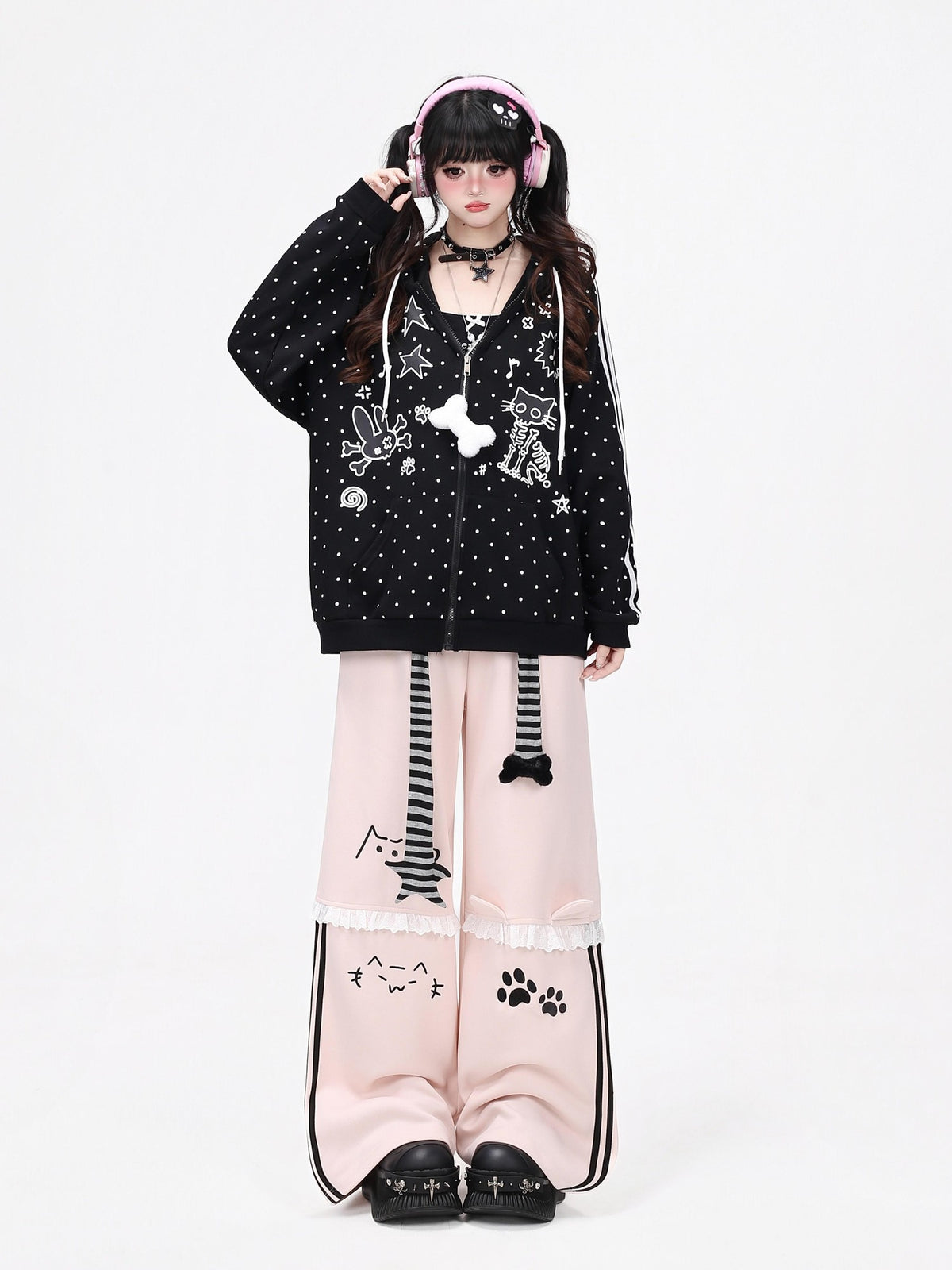 Crazy Girl Line Art Cat Polka Dot Embroidered Lace High Waist Women&
