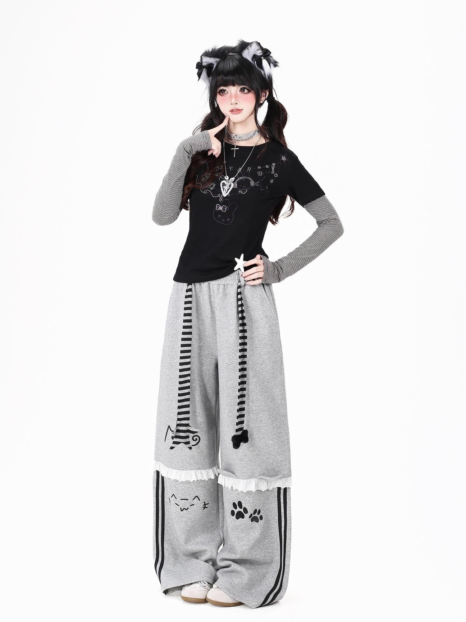 Crazy Girl Line Art Cat Polka Dot Embroidered Lace High Waist Women&