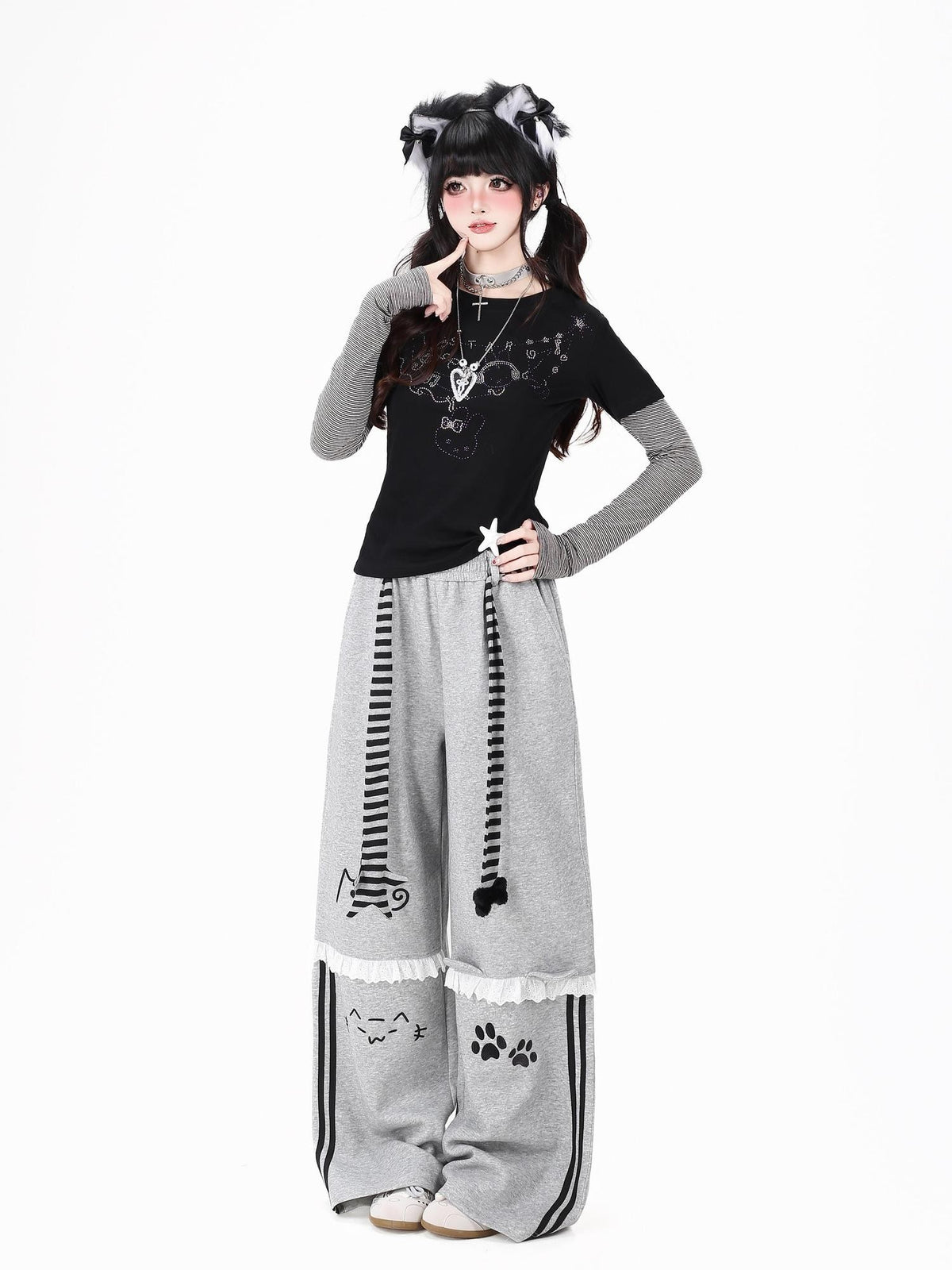 Crazy Girl Line Art Cat Polka Dot Embroidered Lace High Waist Women&