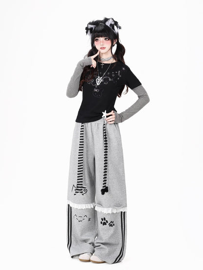 Crazy Girl Line Art Cat Polka Dot Embroidered Lace High Waist Women&