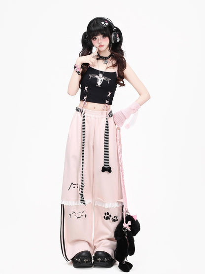 Crazy Girl Line Art Cat Polka Dot Embroidered Lace High Waist Women&