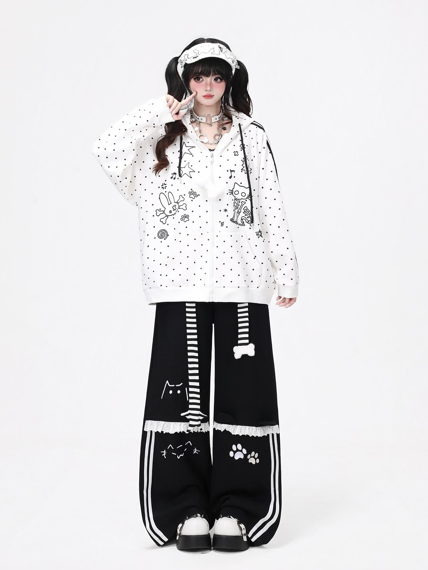 Crazy Girl Line Art Cat Polka Dot Embroidered Lace High Waist Women&